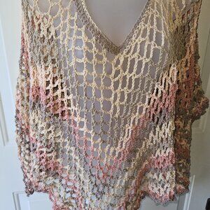 Open Mesh Poncho in Subtle Shades of Tan and Beige, with matching Fringe